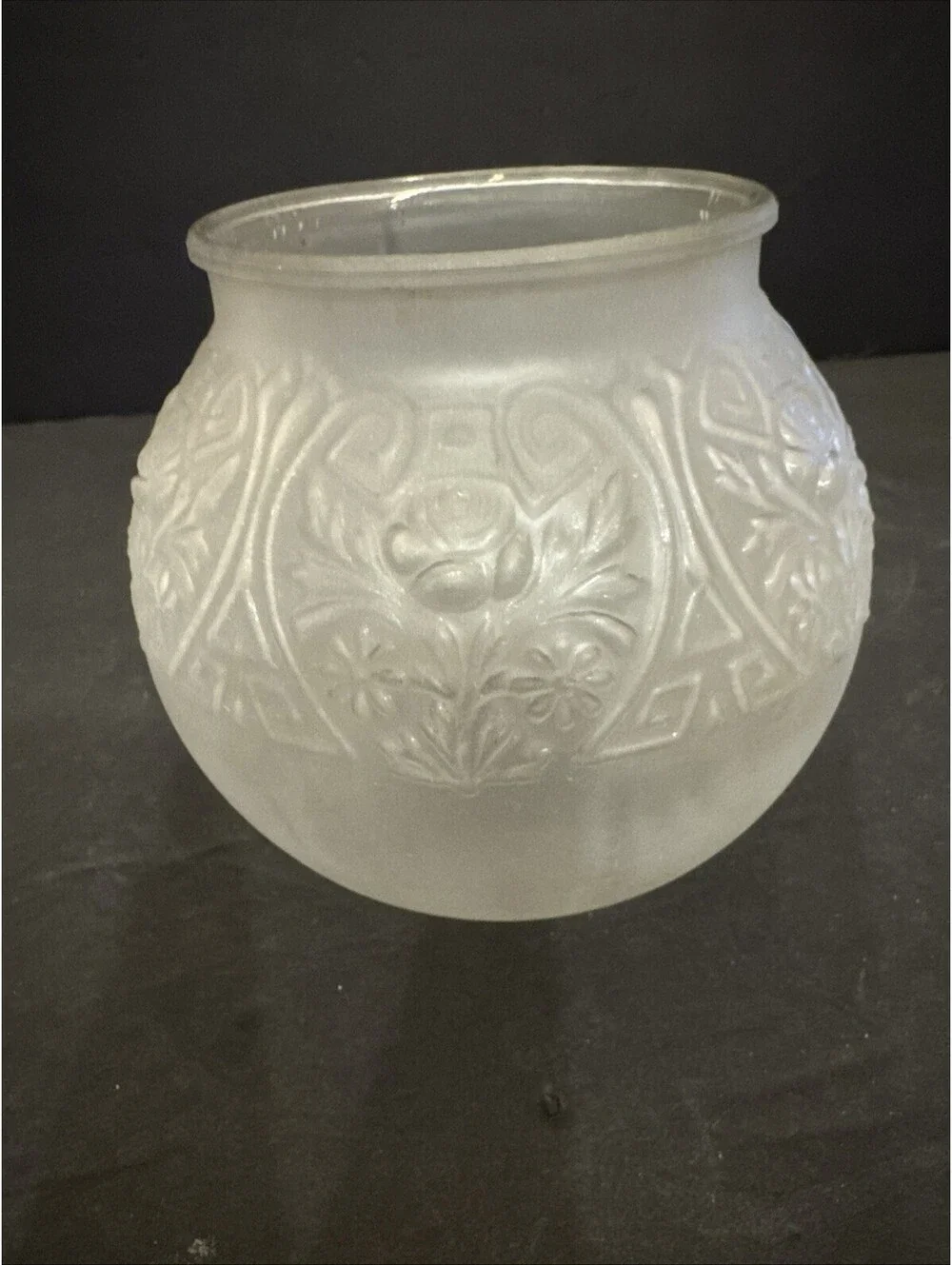 Vintage Frosted Glass Lamp Globe Embossed Rose Pattern 3 3/8” Fitter 4.75” H